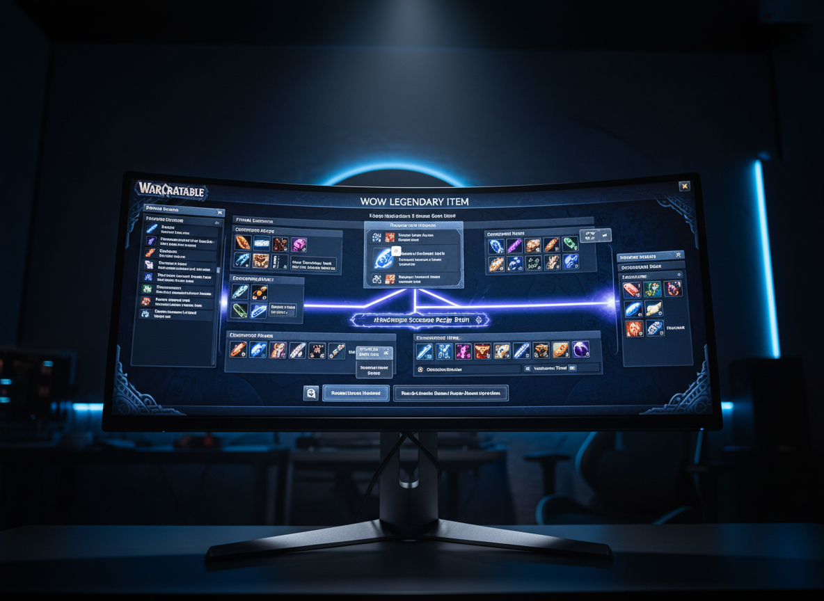 A cinematic, low-angle shot of a curved gaming monitor glowing in a dim room, displaying a Warcraftable-themed material breakdown for a complex WoW legendary item. The screen showcases tiered material groups, hover tooltips, and a highlighted "Midnight Decor" recipe path branching elegantly across the interface. Ambient blue LED strips along the back of the desk provide a faint halo on the wall, while a cool spotlight from above adds a soft rim light to the monitor’s metallic stand. The background is intentionally dark and subtly blurred, drawing attention to the luminous interface. The mood is focused and slightly dramatic, emphasizing the power and depth of the crafting database in a polished, photographic-realistic style.