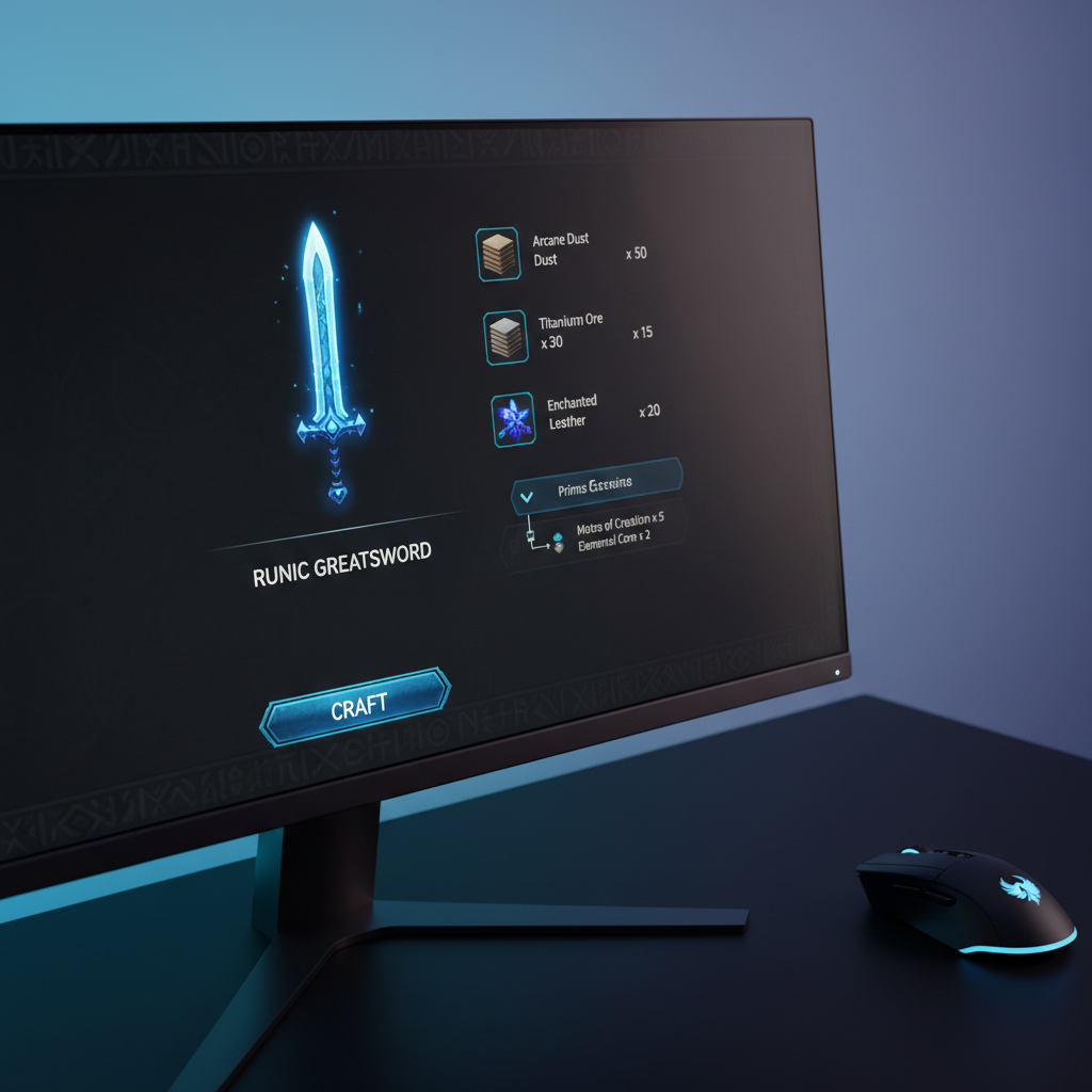 A highly detailed close-up of a World of Warcraft-style crafting recipe interface on a luminous 4K monitor, featuring a central item icon surrounded by neatly stacked material icons, quantities, and a collapsible material tree. The UI is modern and minimal, with cool blue highlights and clean typography over a dark, charcoal background. The monitor sits on a matte black desk, with only a compact gaming mouse and a subtle LED-backlit logo visible. Soft studio lighting from the side creates delicate reflections along the monitor edges and a gentle gradient on the wall behind. Captured from a slightly angled, over-the-shoulder perspective, the composition emphasizes clarity and precision, evoking a professional, trustworthy database in realistic photographic style.