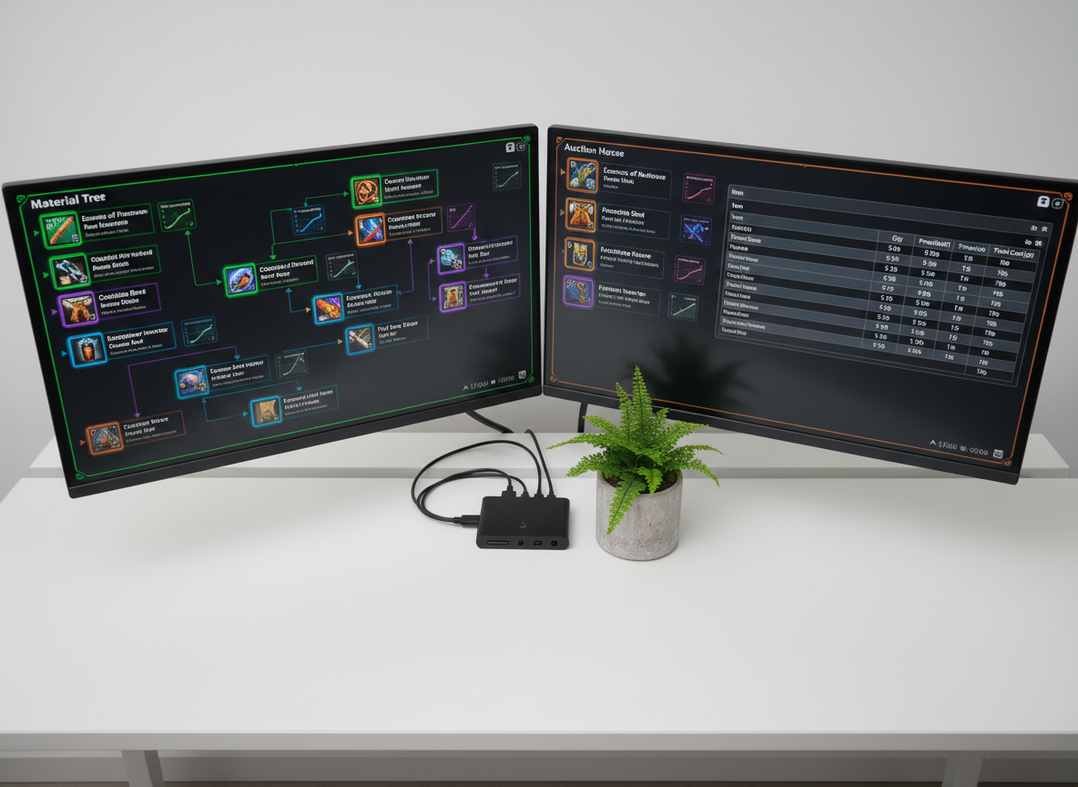 An overhead photographic view of a dual-monitor setup displaying a Warcraftable-style crafting dashboard: one screen shows a full material tree expanding downward, while the other displays an Auction House shopping list sorted by price per unit and total cost. The monitors sit on a clean white desk with a small, black USB hub and a single potted fern in a minimalist cement planter. Neutral, diffused daylight from above eliminates harsh shadows, creating a balanced, analytical atmosphere. Every pixel of the UI is crisp and legible, with color-coded rarity borders and subtle graph overlays. The shot uses a wide depth of field so all elements remain sharp, reinforcing a sense of order, efficiency, and professional-grade data visualization in a modern tech environment.